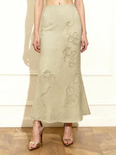 Linen Corded Embroidery Maxi Skirt - Natural