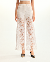 Embroidery High Rise Wide Leg Lace Denim Jeans With Rhinestone - White