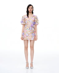Evangeline 3D V-Neck Floral Embroidered Dress - Pastel Multi