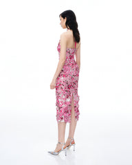 Fiora Halter Neck Floral Embroidered Maxi Dress - Rose Red