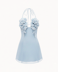 Flower Embroidered Mini Dress - Blue