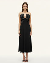 3D Floral Halter Maxi Dress - Black