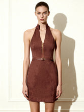Faux Suede Halter Neck Zip-Front Mini Dress - Burgundy