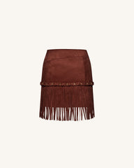 Western-Style Sueded Fringe Skirt - Burgundy
