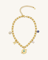 Cosmos Round Multi Charm Necklace - 18ct Gold Plated & Turquoise & Multicolor Zircon & Blue And White Porcelain Beads
