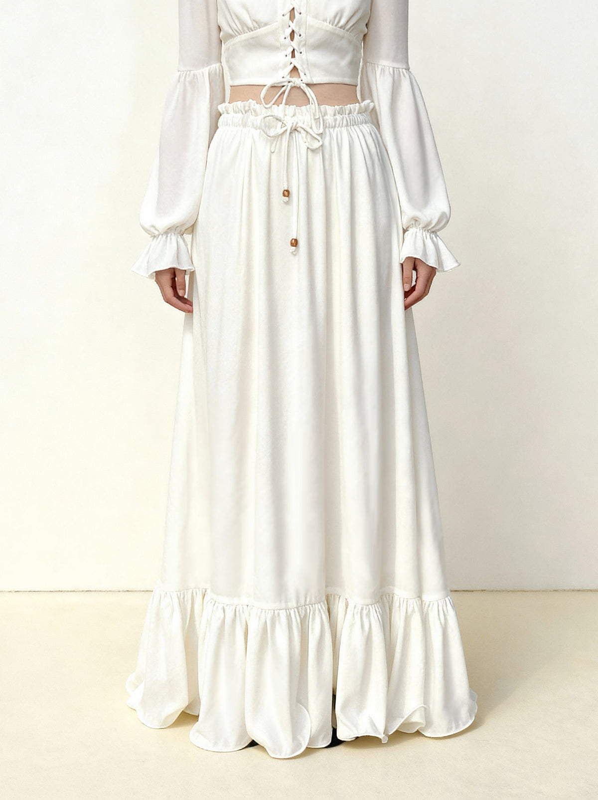 Drawstring Chiffon Maxi Skirt - White