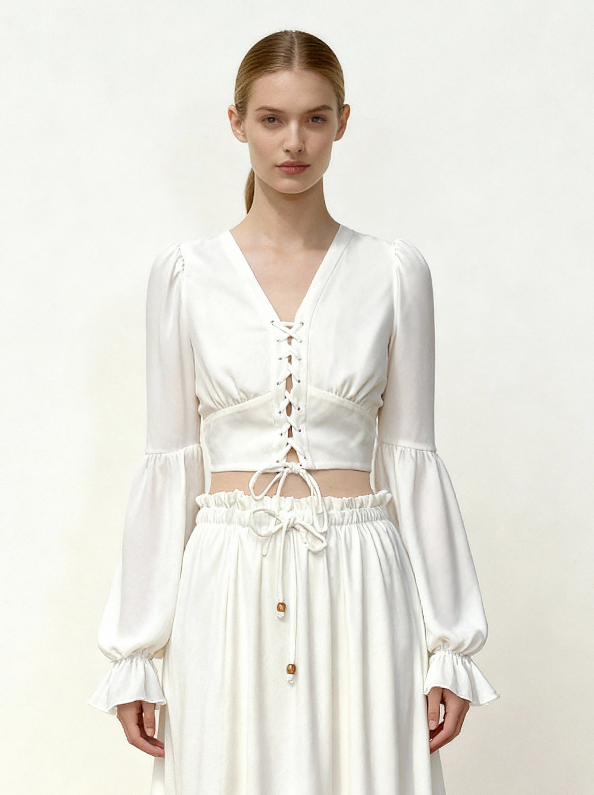 Chiffon Lantern-Sleeve Tie-Front Cropped Blouse - White