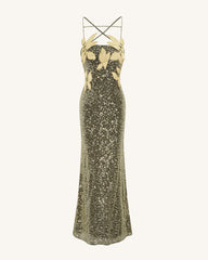 Araminta Sequined Gown with Floral Details - Gold