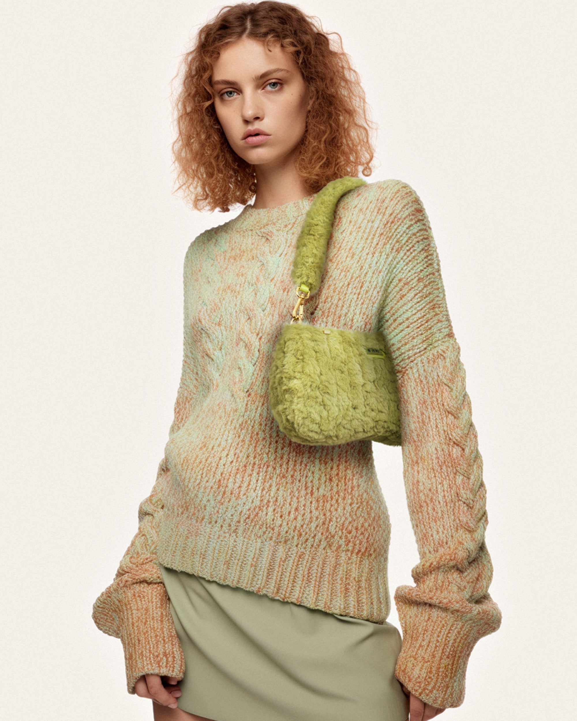 Eva Faux Fur Fabric Shoulder Bag - Pea Green