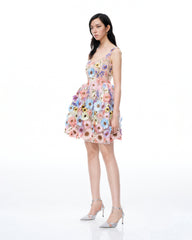 Aurora 3D Floral Embroidered Mini Dress - Pastel Multi