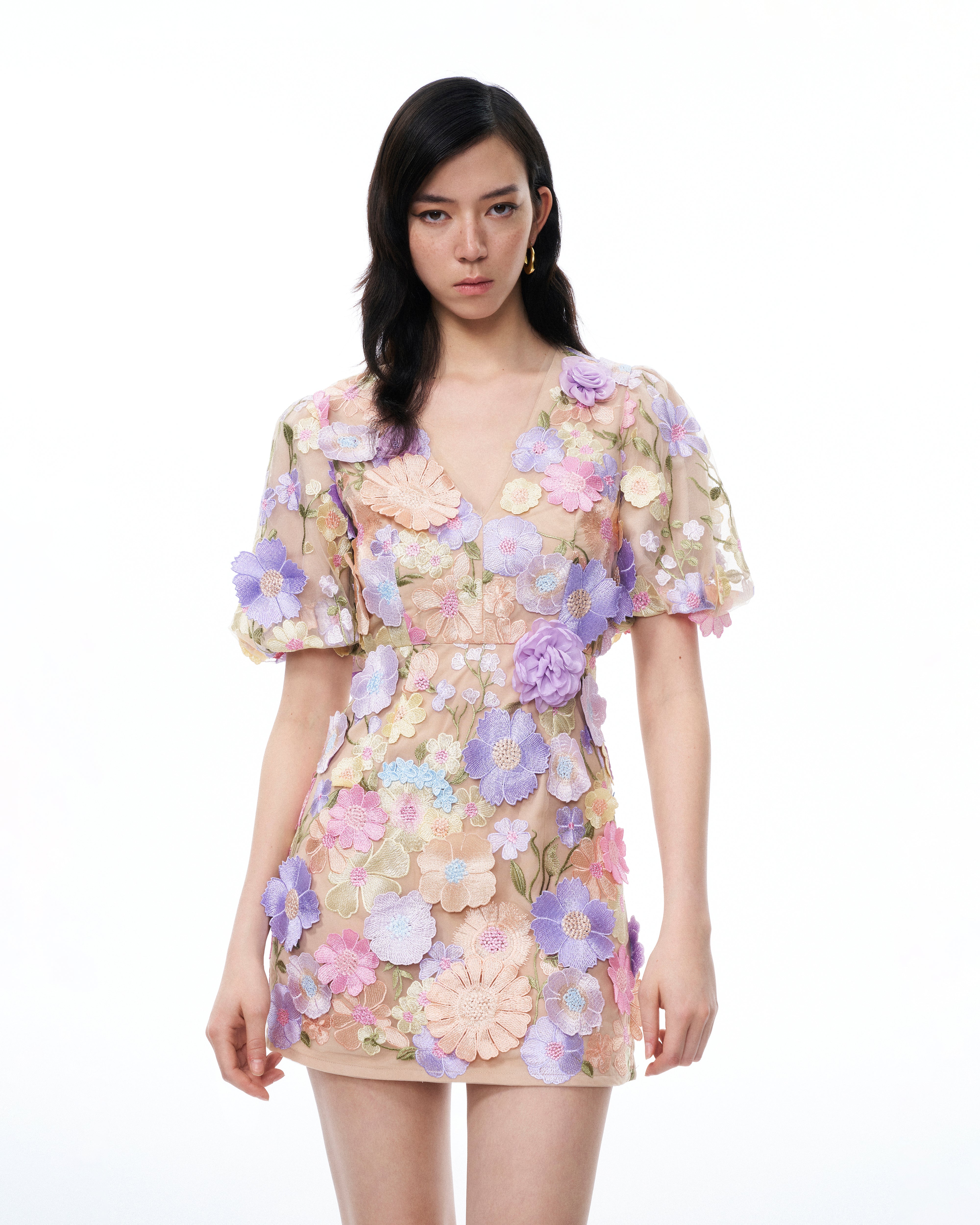 Evangeline 3D V-Neck Floral Embroidered Dress - Pastel Multi