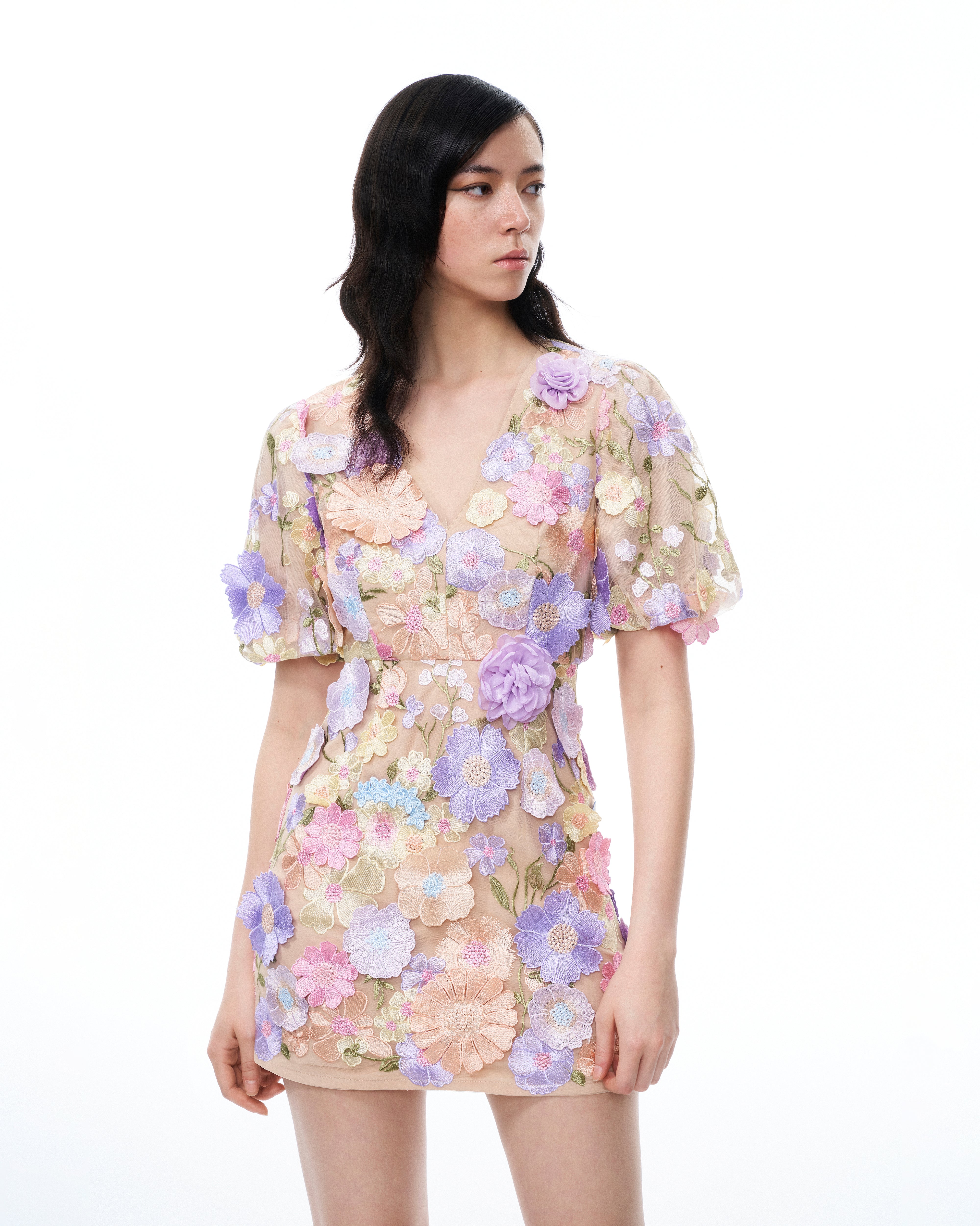 Evangeline 3D V-Neck Floral Embroidered Dress - Pastel Multi
