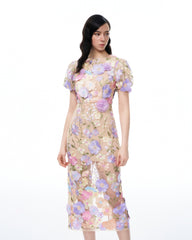 Alaric Round Neck 3D Floral Embroidered Maxi Dress - Pastel Multi