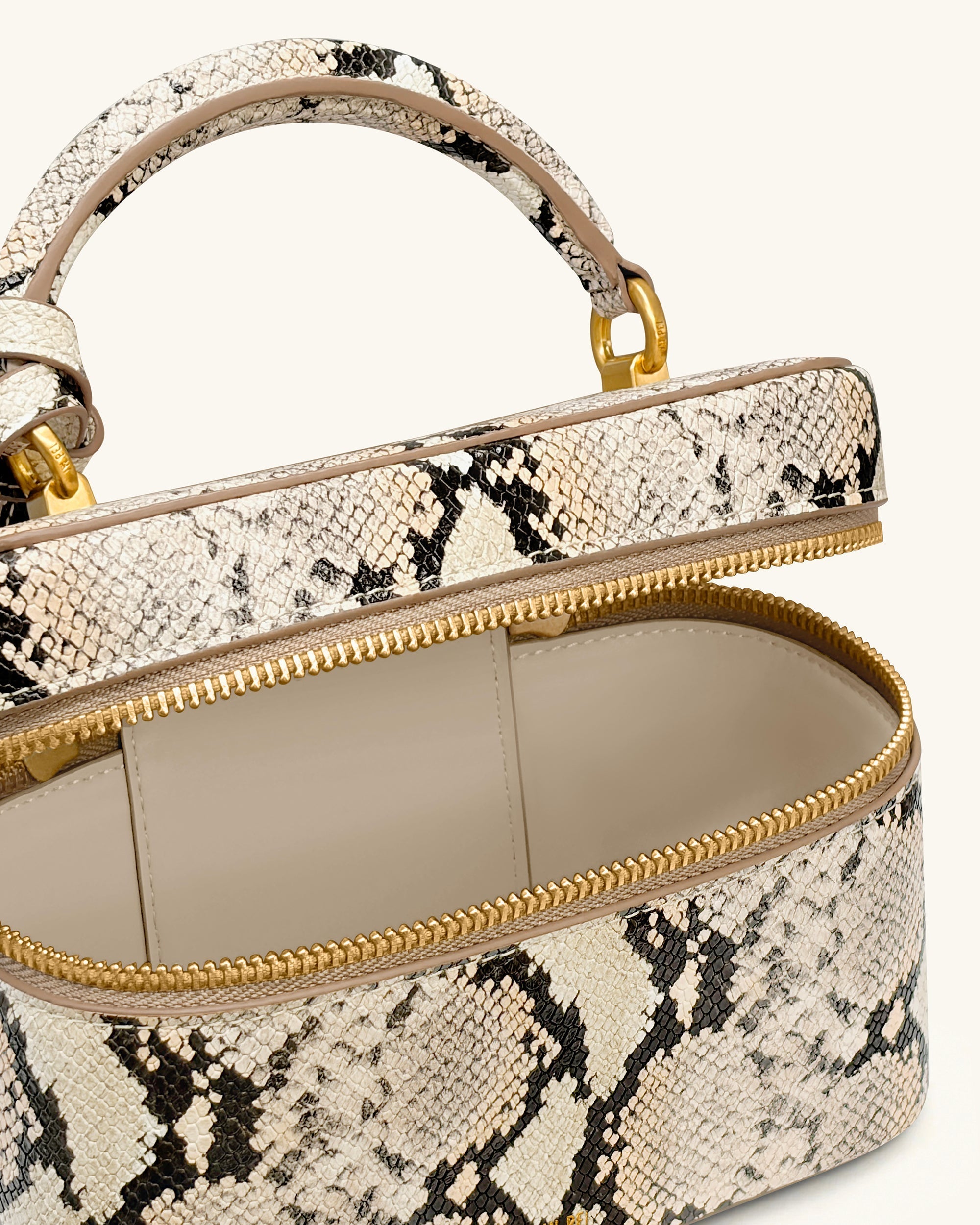 Cleo Snake-Embossed Box Shape Top Handle Bag - Beige
