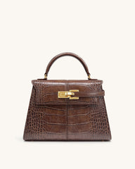 Elise Large Croc-Embossed Top Handle Bag - Chestnut Brown