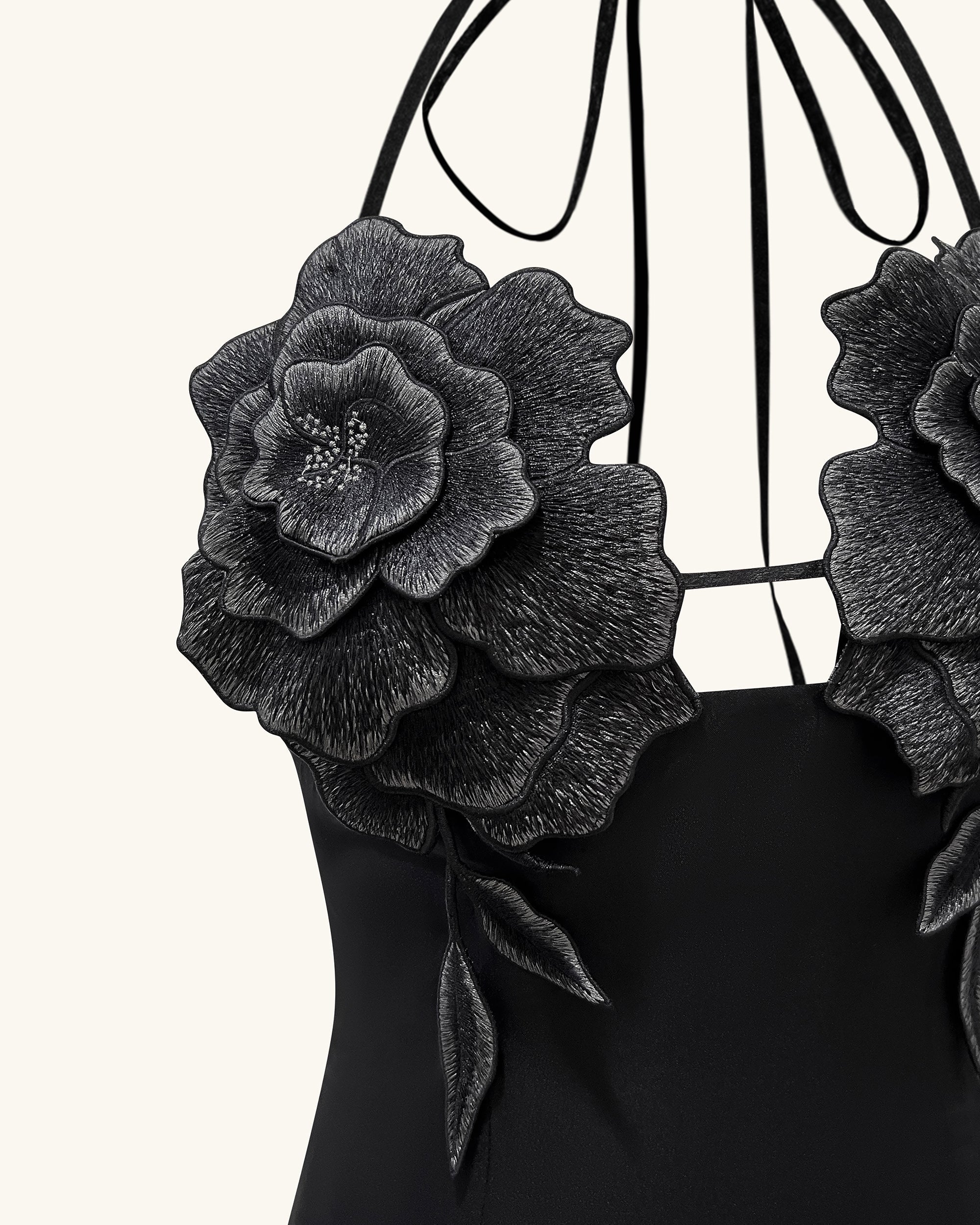 Flower Embroidered Mini Dress - Black