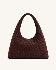 Iaura Faux Suede Woven Shoulder Bag - Dark Brown