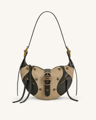 Tessa Faux Suede Studded Shoulder Bag - Khaki Green