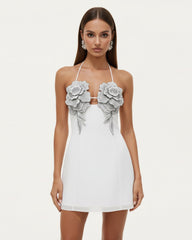 Flower Embroidered Mini Dress - White