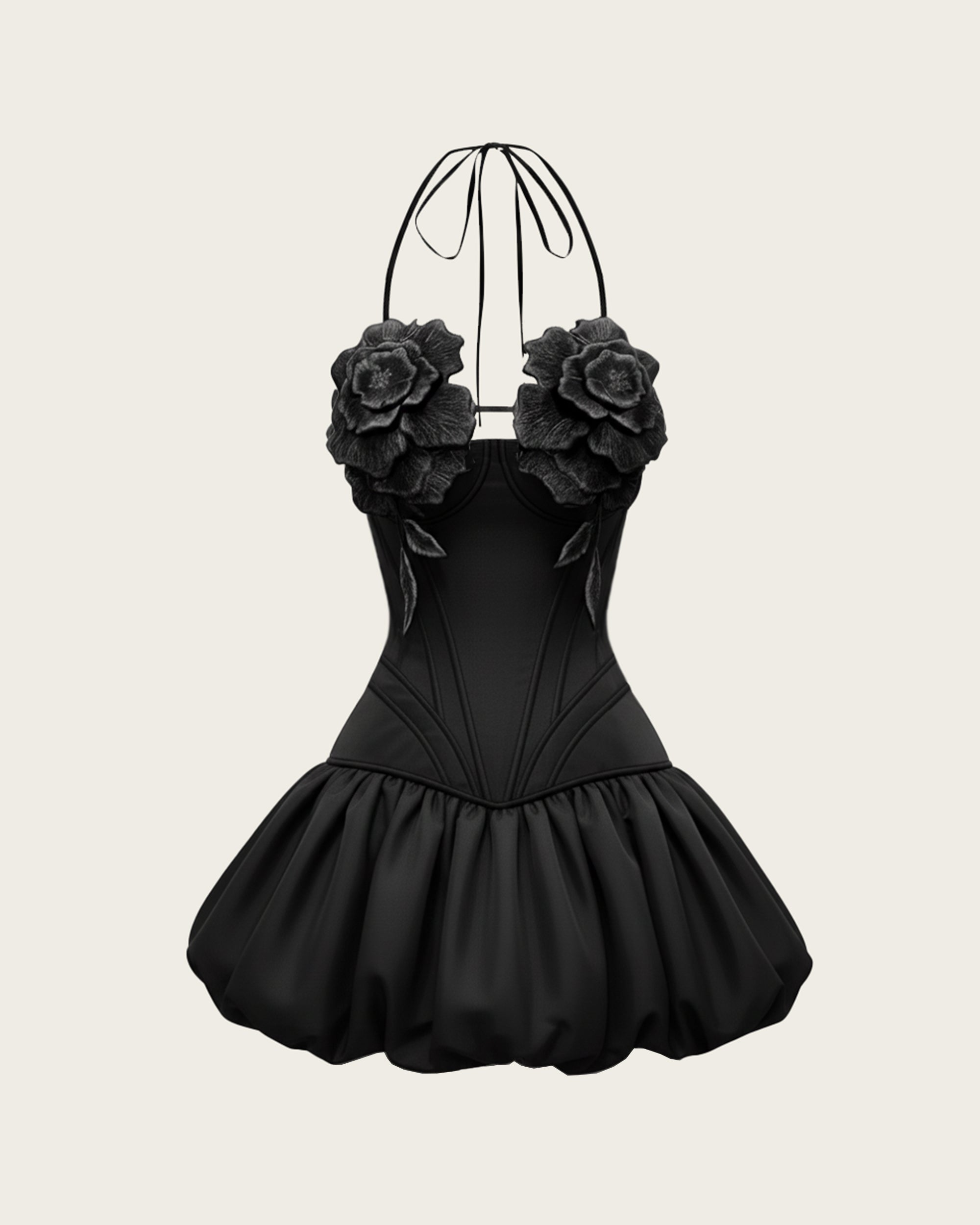 3D Floral Halter Mini Dress - Black