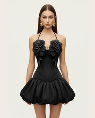 3D Floral Halter Mini Dress - Black