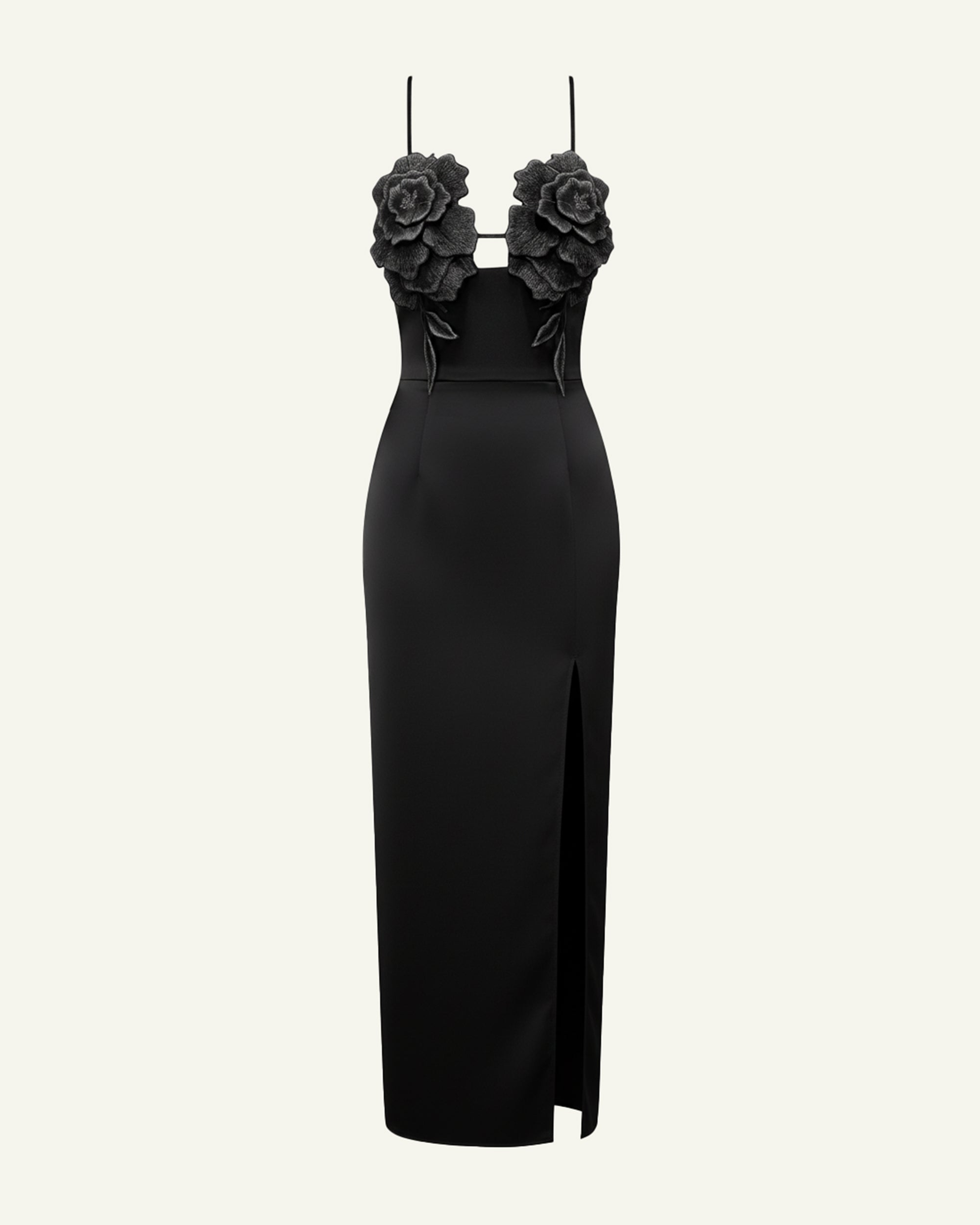 3D Floral Strappy Maxi Dress - Black