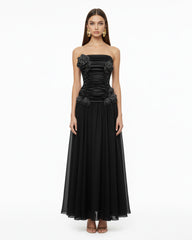 3D Floral Strapless Maxi Dress - Black