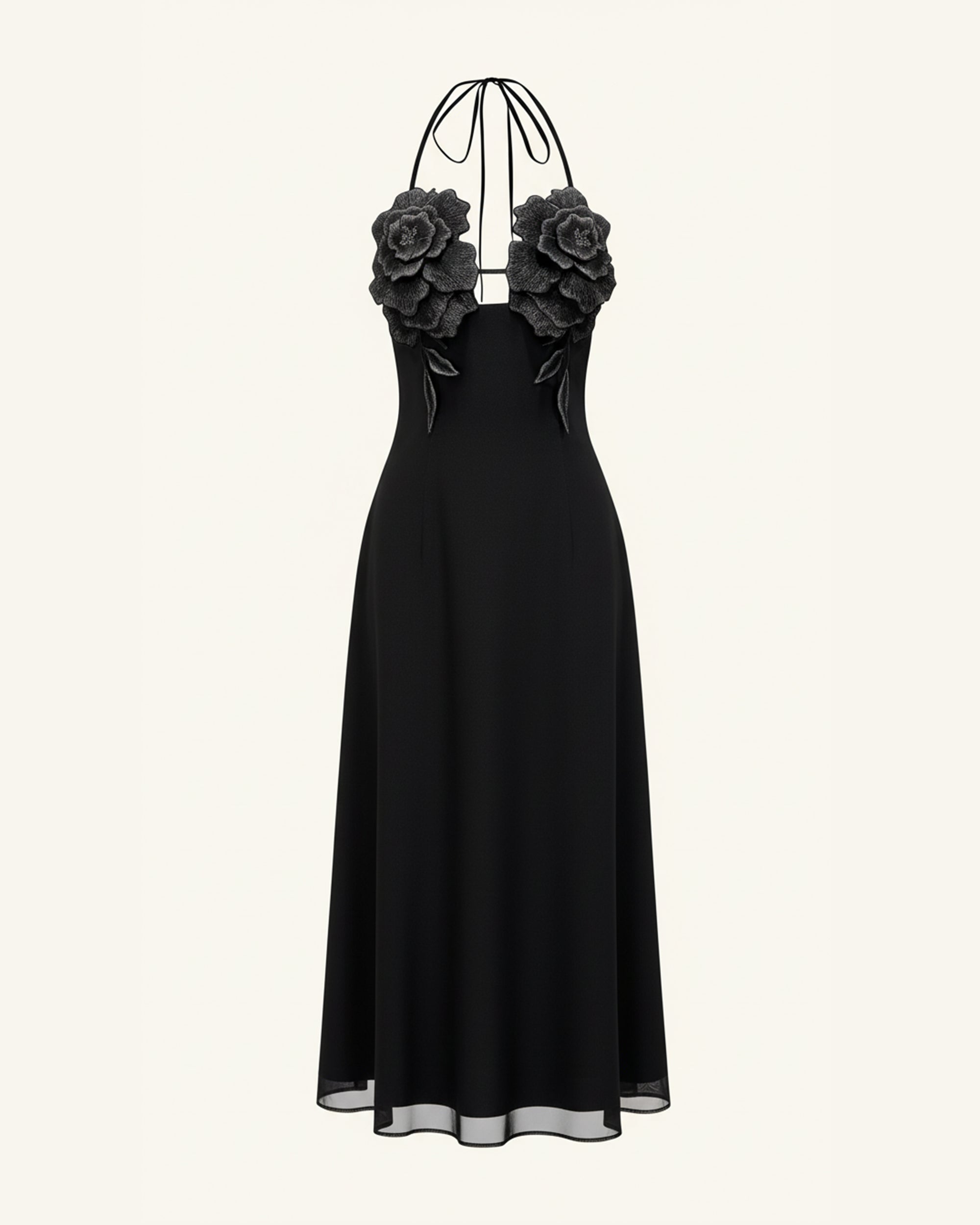 3D Floral Halter Maxi Dress - Black