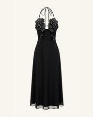 3D Floral Halter Maxi Dress - Black