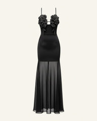 3D Floral Strappy Mesh Maxi Dress - Black