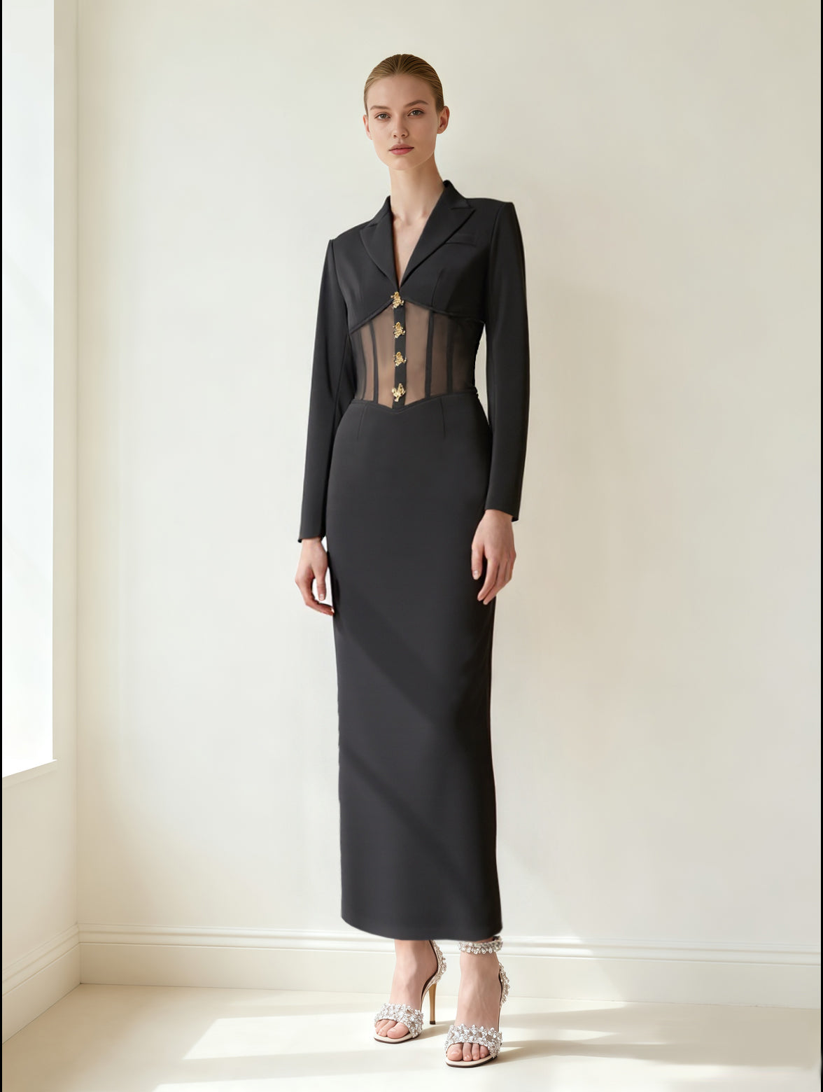 Sheer Boned Corset Waist Blazer Maxi Dress - Black