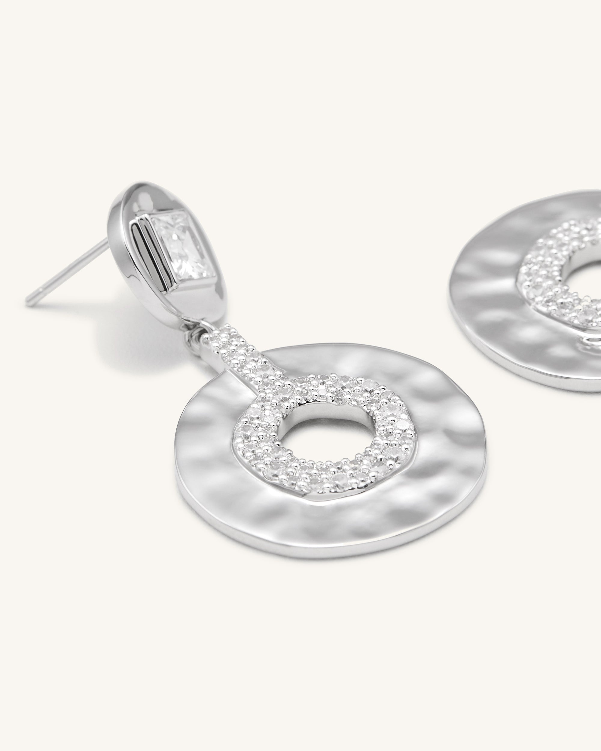Geometrical Openwork Small Round Earrings - 18ct White Gold Plated & White Zircon