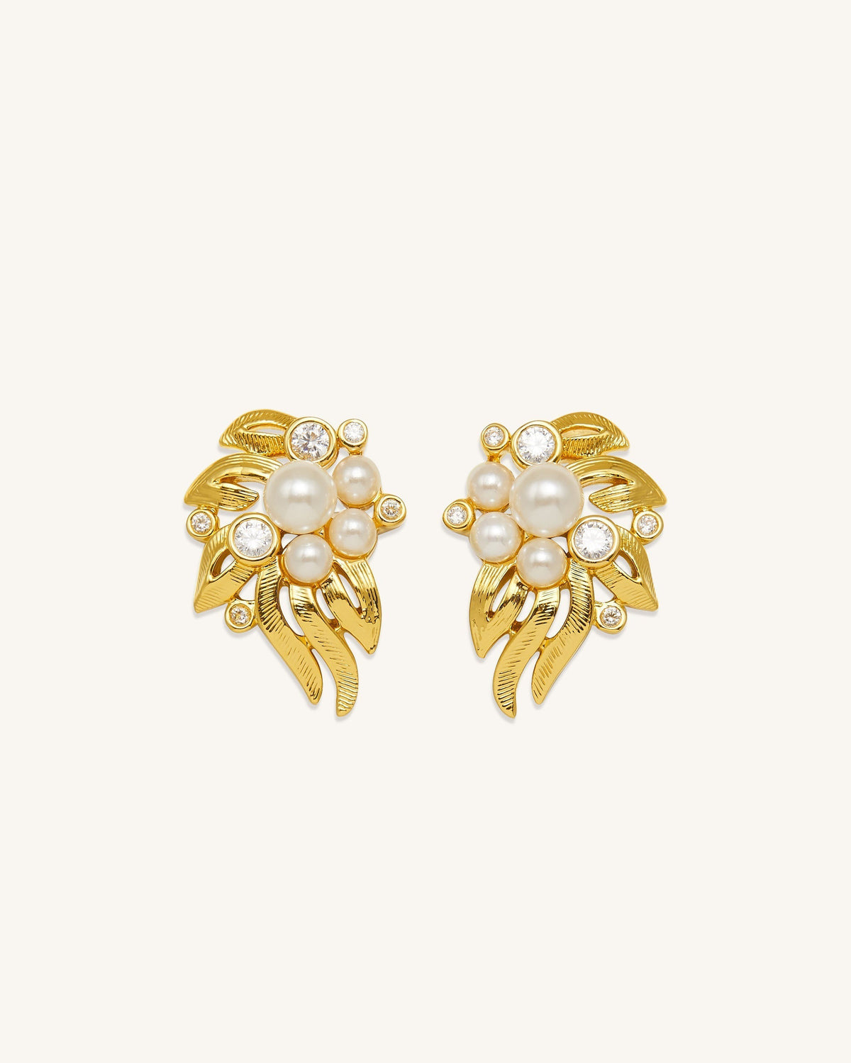 Flowers Earings - 18ct Gold Plated & White Zircon & Faux Pearls