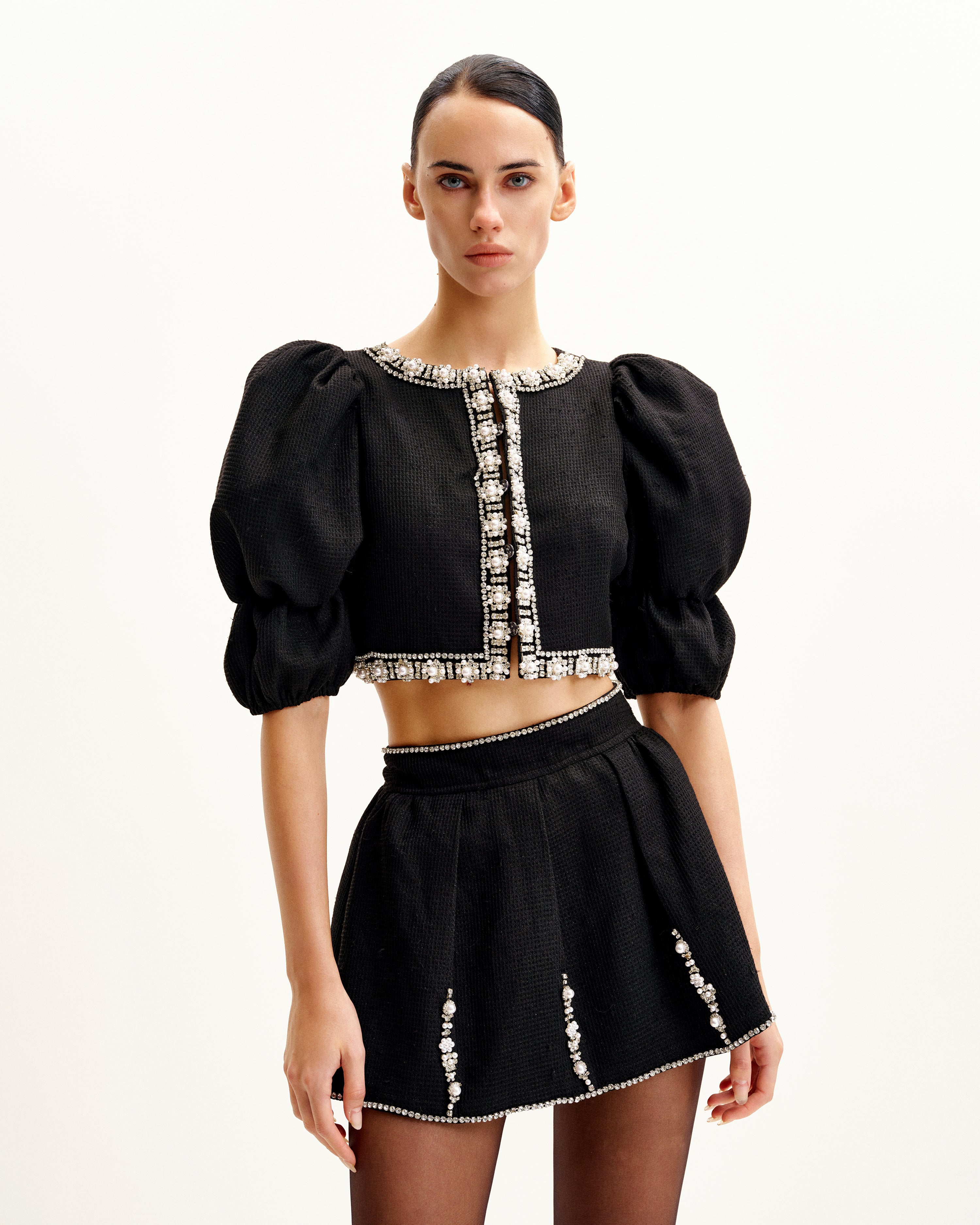 Pearl-Embellished Tweed Set - Black