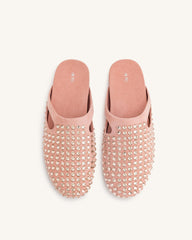 Athena Artificial Crystal Flat Mules - Pink Beige