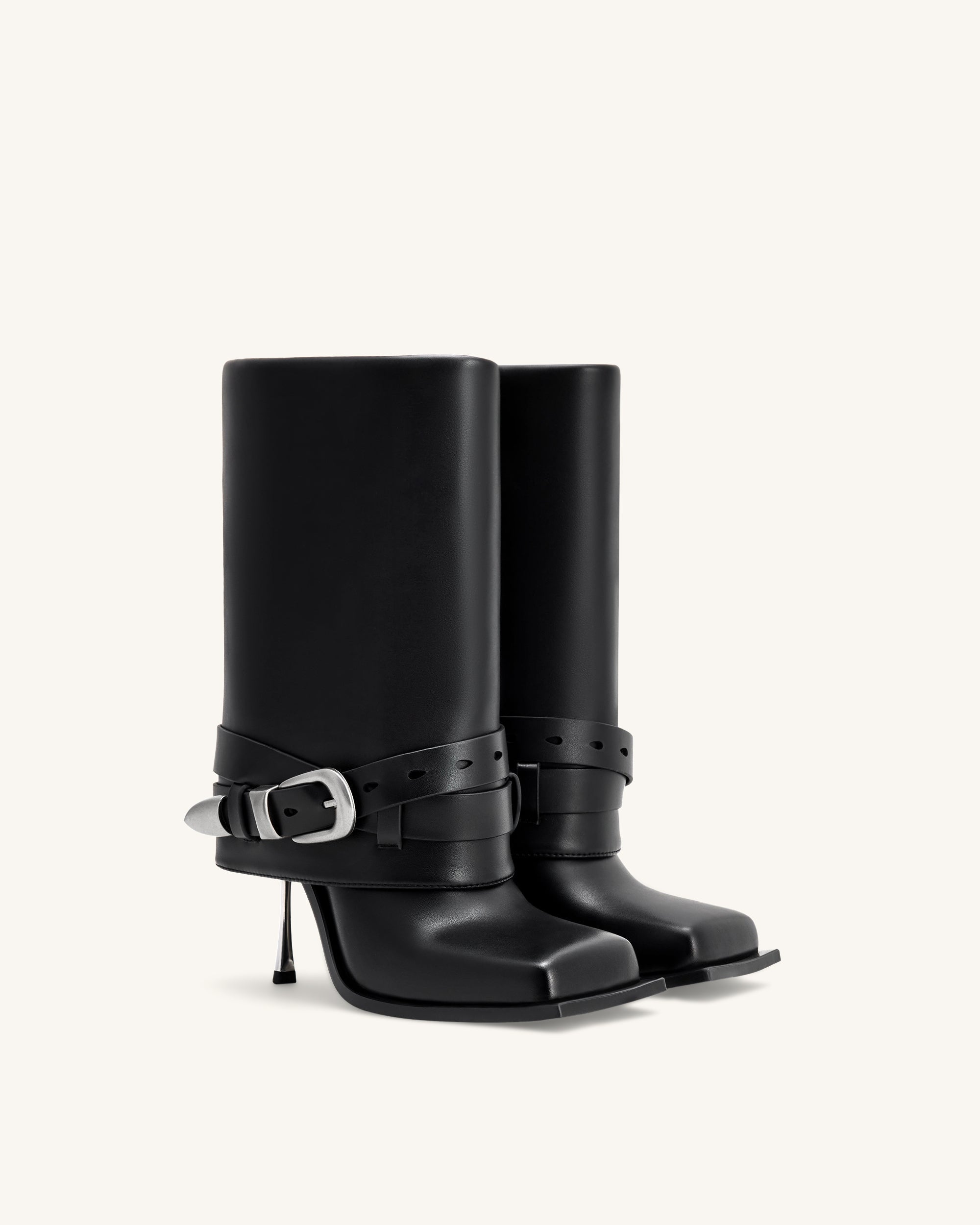 Emilia Western Buckled Leather Stiletto Boots - Black