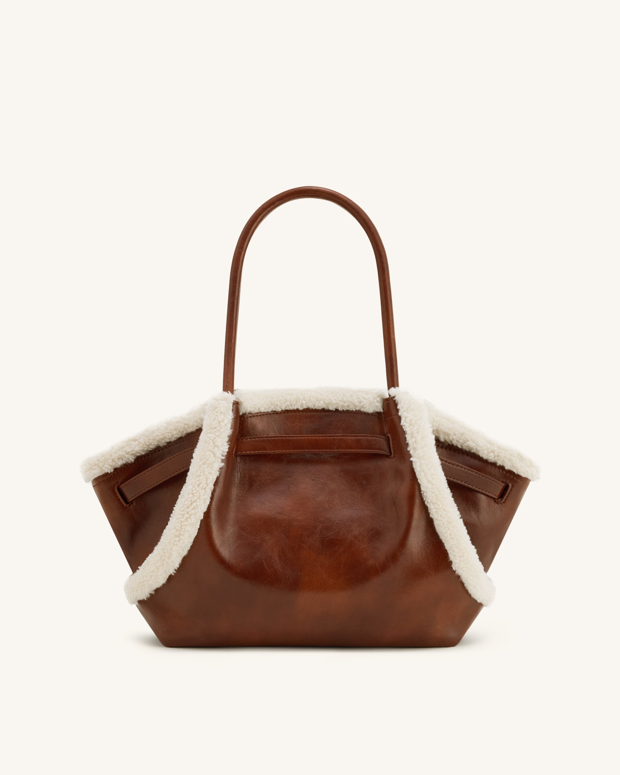 Hana Medium Faux Shearling Trim Tote Bag - Brown