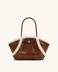 Hana Medium Faux Shearling Trim Tote Bag - Brown