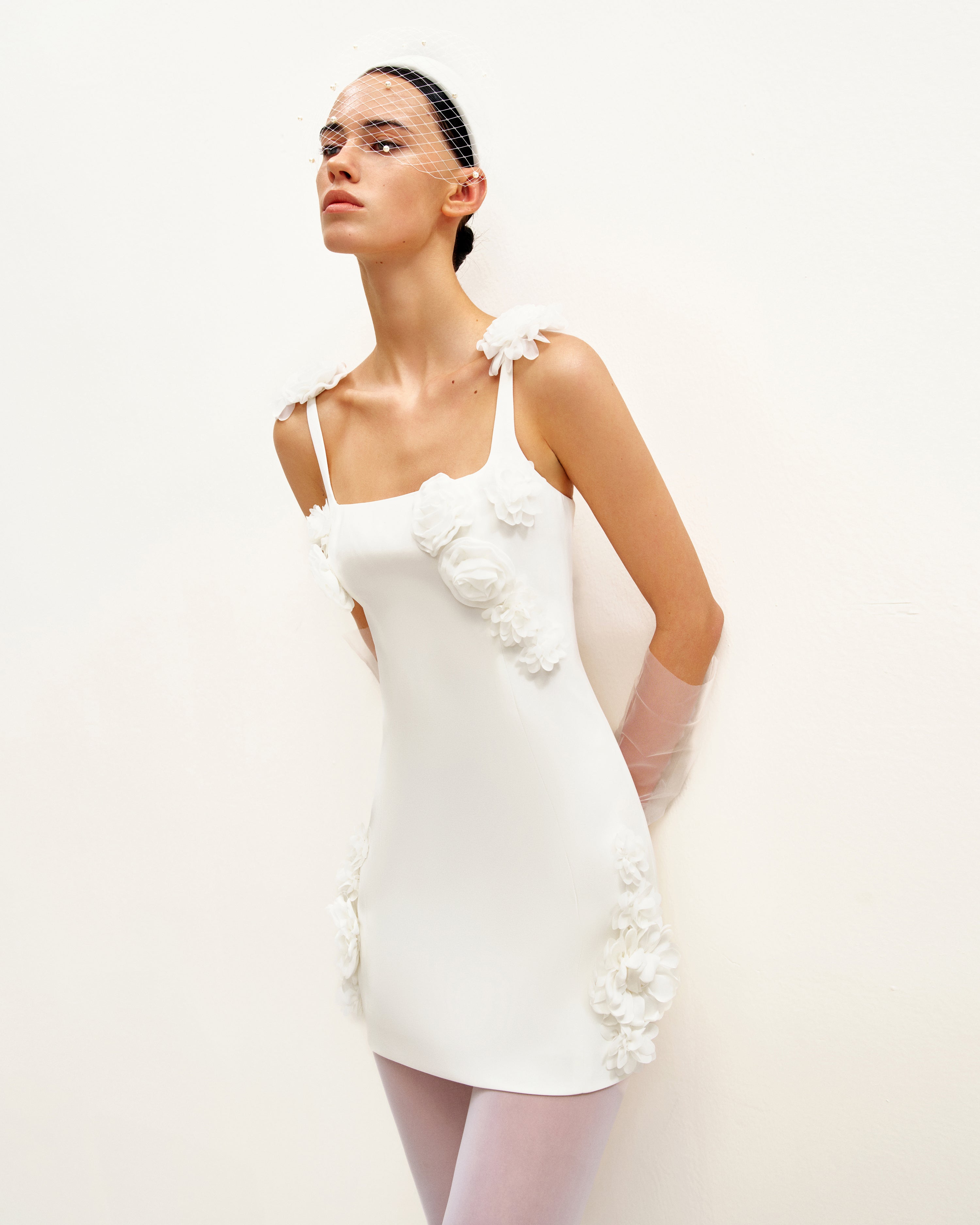 Elaina White Rosette Applique Mini Dress - White