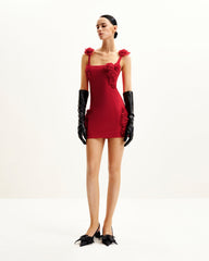 Elaina Pink Rosette Applique Mini Dress - Red