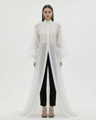 Sheer Pleated Bishop Sleeve Maxi Cape Overlay - White