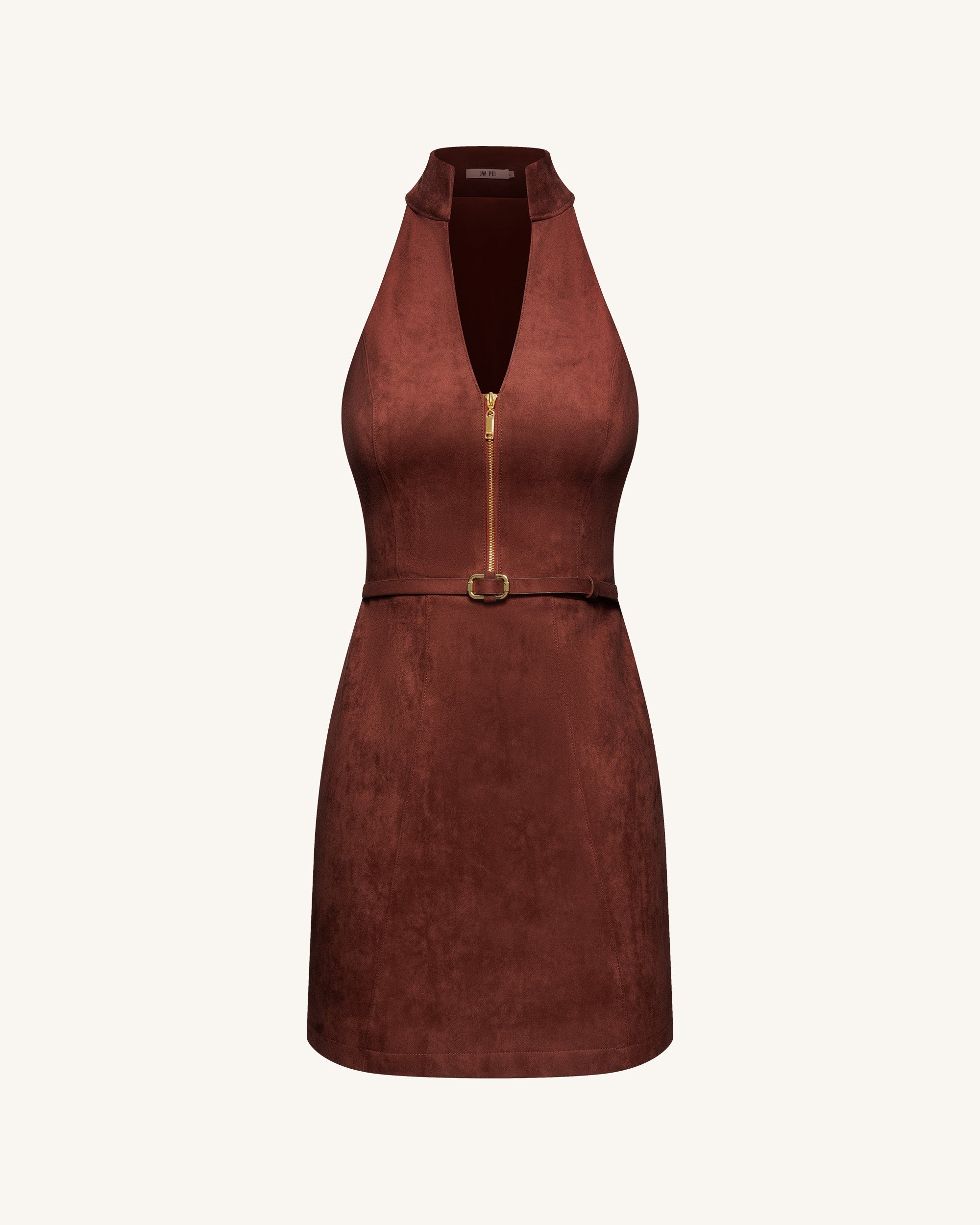 Faux Suede Halter Neck Zip-Front Mini Dress - Burgundy