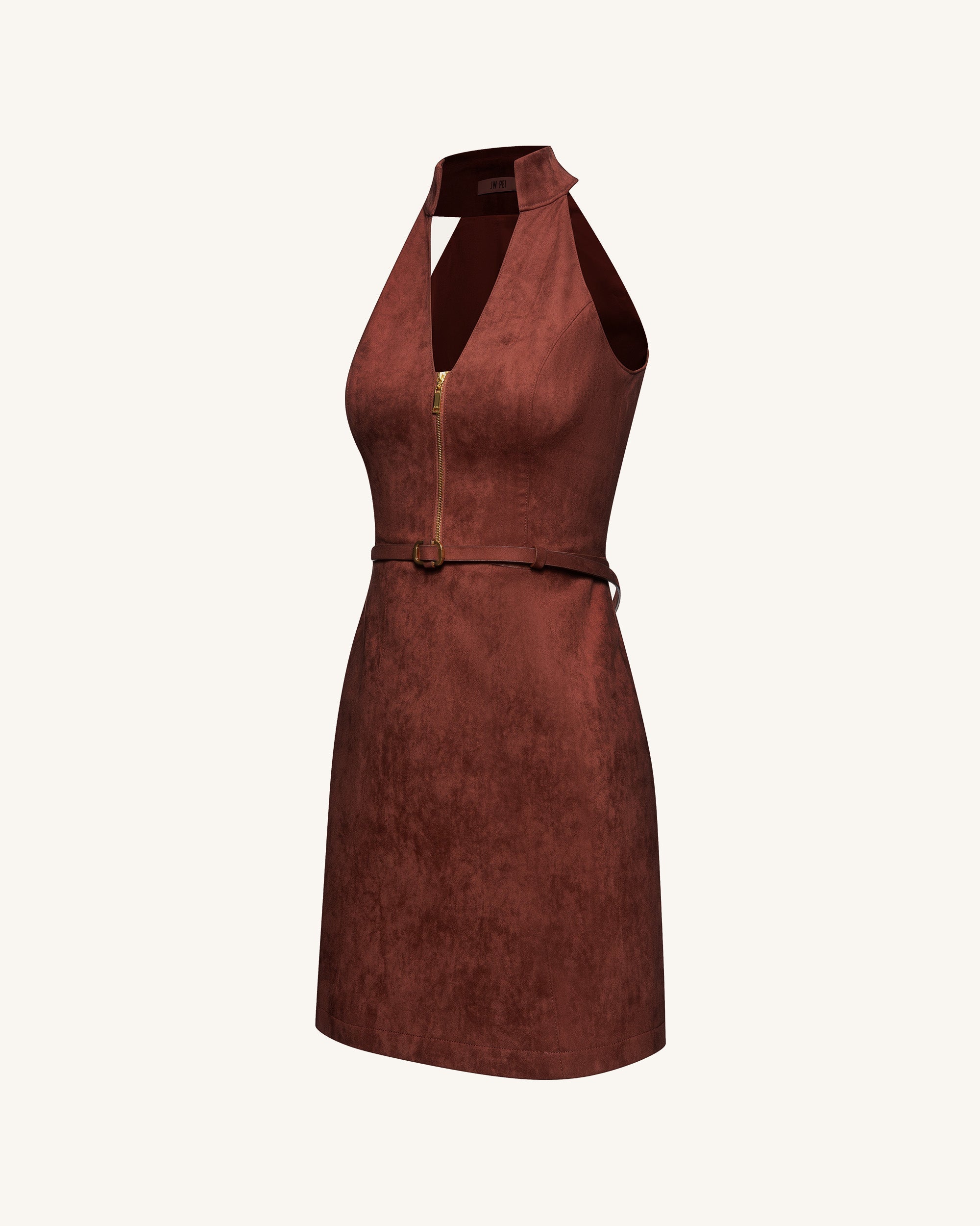 Faux Suede Halter Neck Zip-Front Mini Dress - Burgundy