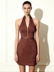 Faux Suede Halter Neck Zip-Front Mini Dress - Burgundy