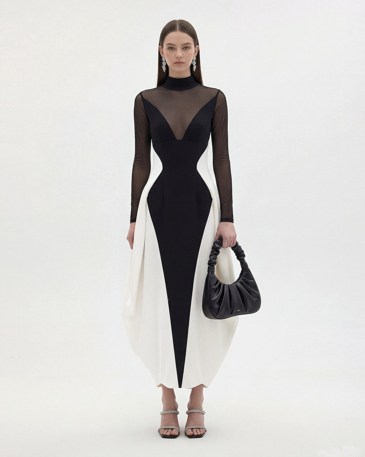 Monochrome Paneled Sheer Mesh Insert Maxi Dress - Black