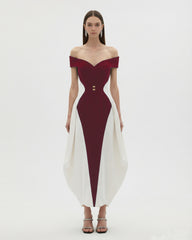 Contrast Paneled Off-Shoulder Hourglass Midi Dress - Red