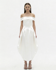 Satin Fold-Over Off-Shoulder Cocoon Midi Dress - White