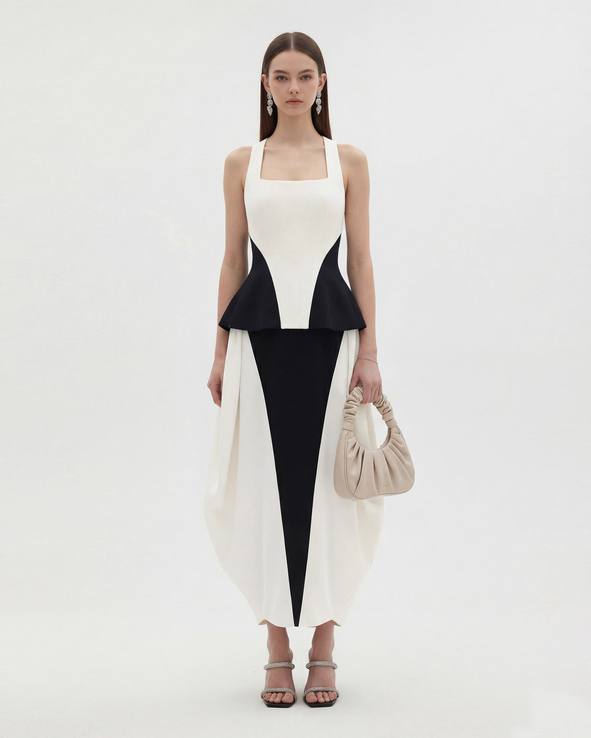 Monochrome Paneled Square-Neck Peplum Top - Black