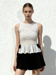 Smocked Peplum Sleeveless Top - White