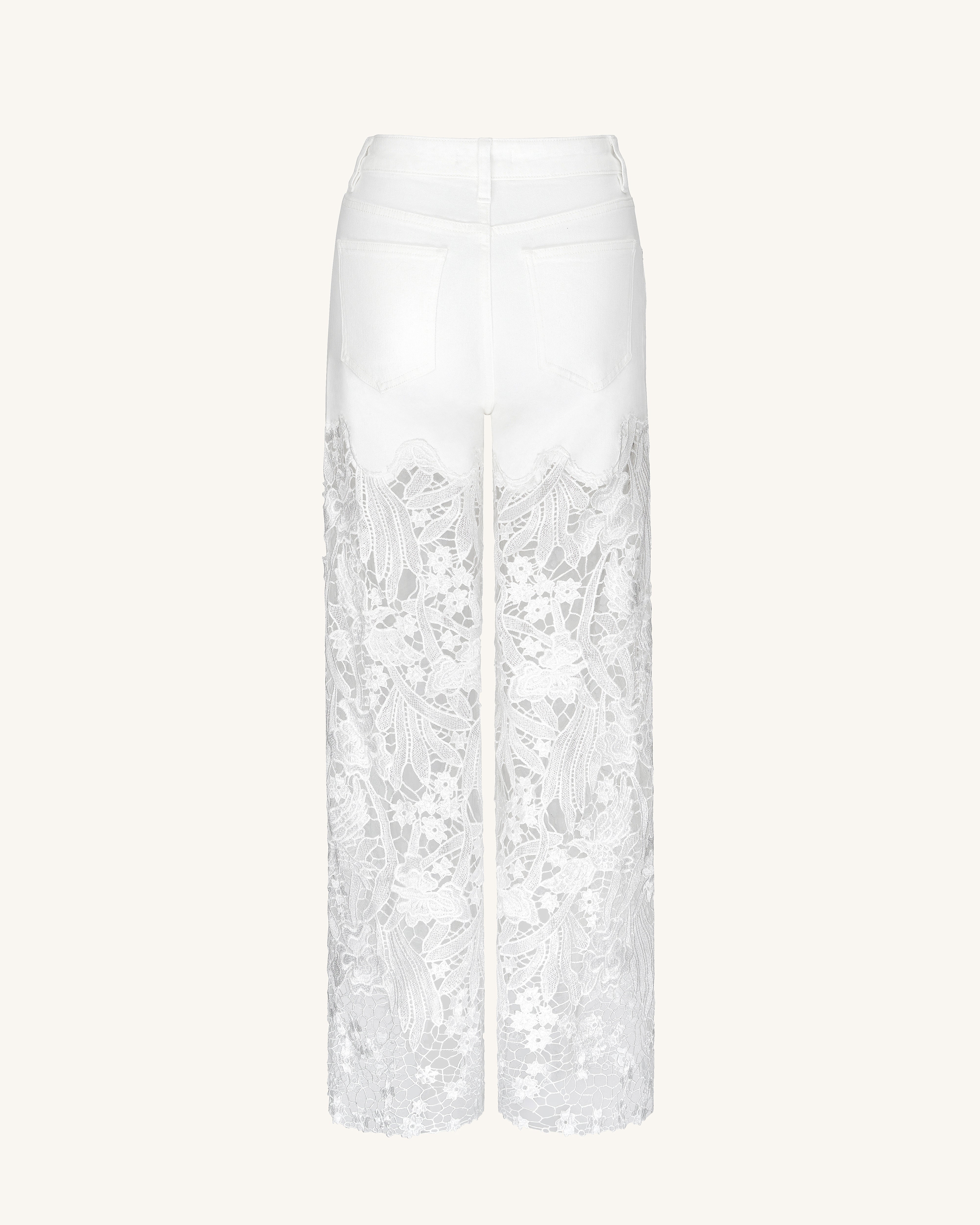 Embroidery High Rise Wide Leg Lace Denim Jeans With Rhinestone - White